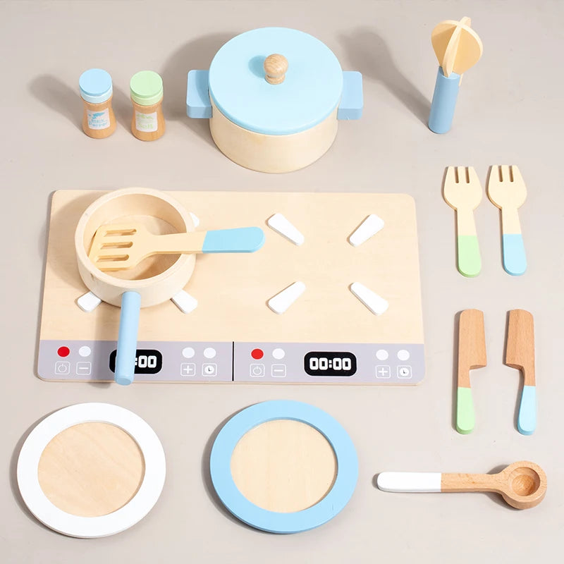 Kit Fogão e Utensílios de Cozinha Kids 14 Peças em Madeira