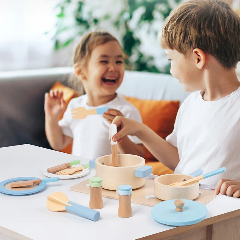 Kit Fogão e Utensílios de Cozinha Kids 14 Peças em Madeira