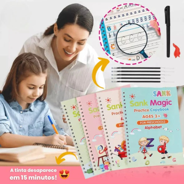 KIT com 4 Cadernos de Caligrafia Mágicos Montessori